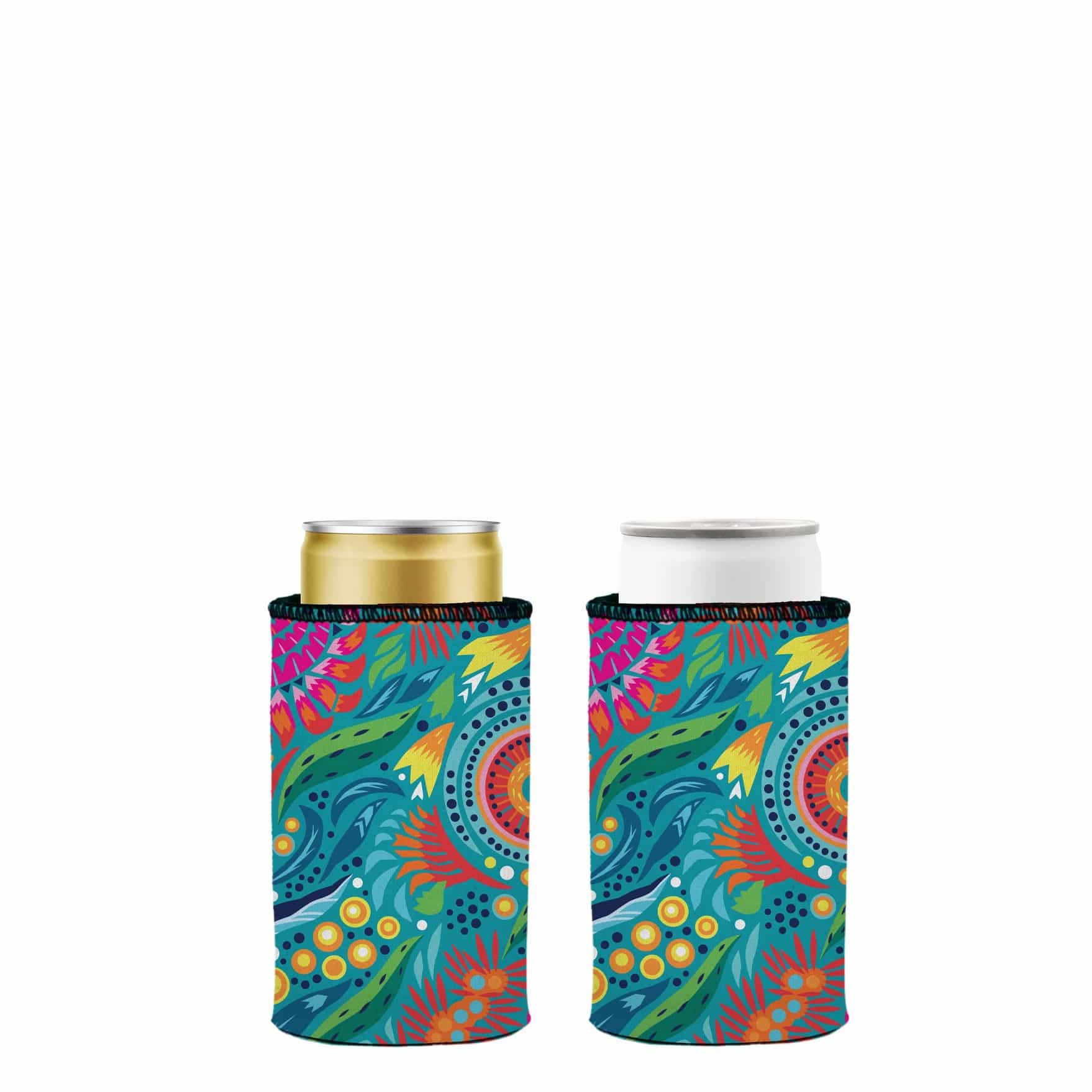 Two colorful can coolers with a vibrant pattern on a white background