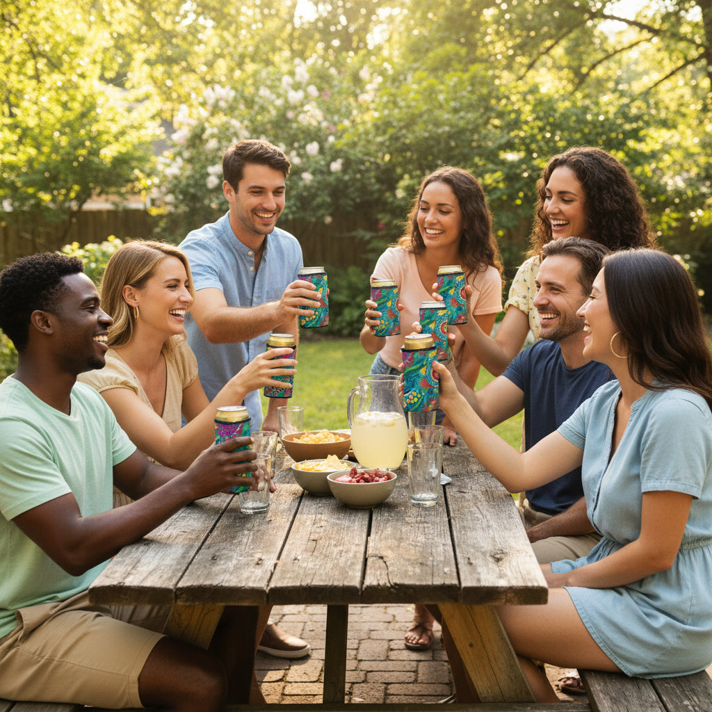 Two colorful can coolers with a vibrant pattern on a white background
