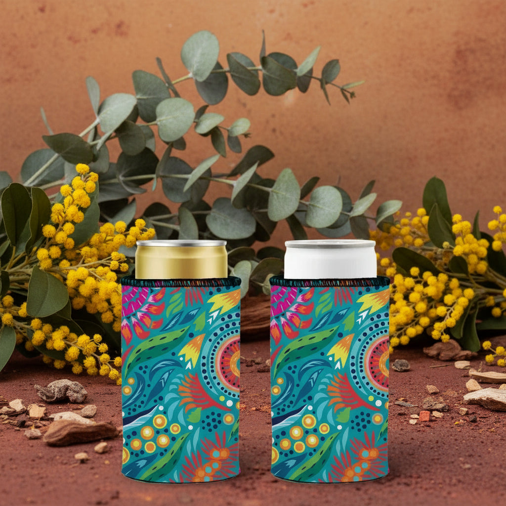 Two colorful can coolers with a vibrant pattern on a white background