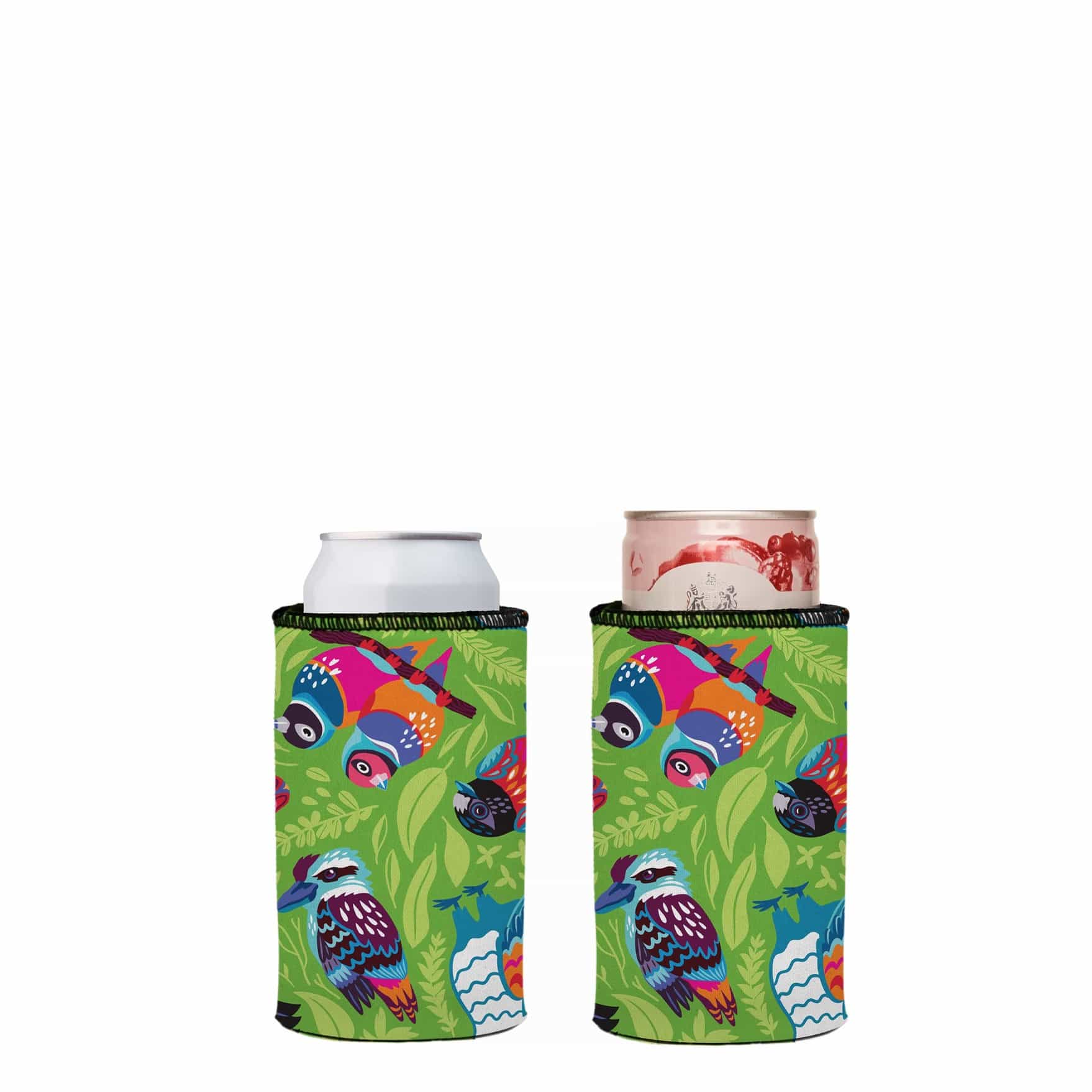 Two can coolers with colorful bird designs on a green background