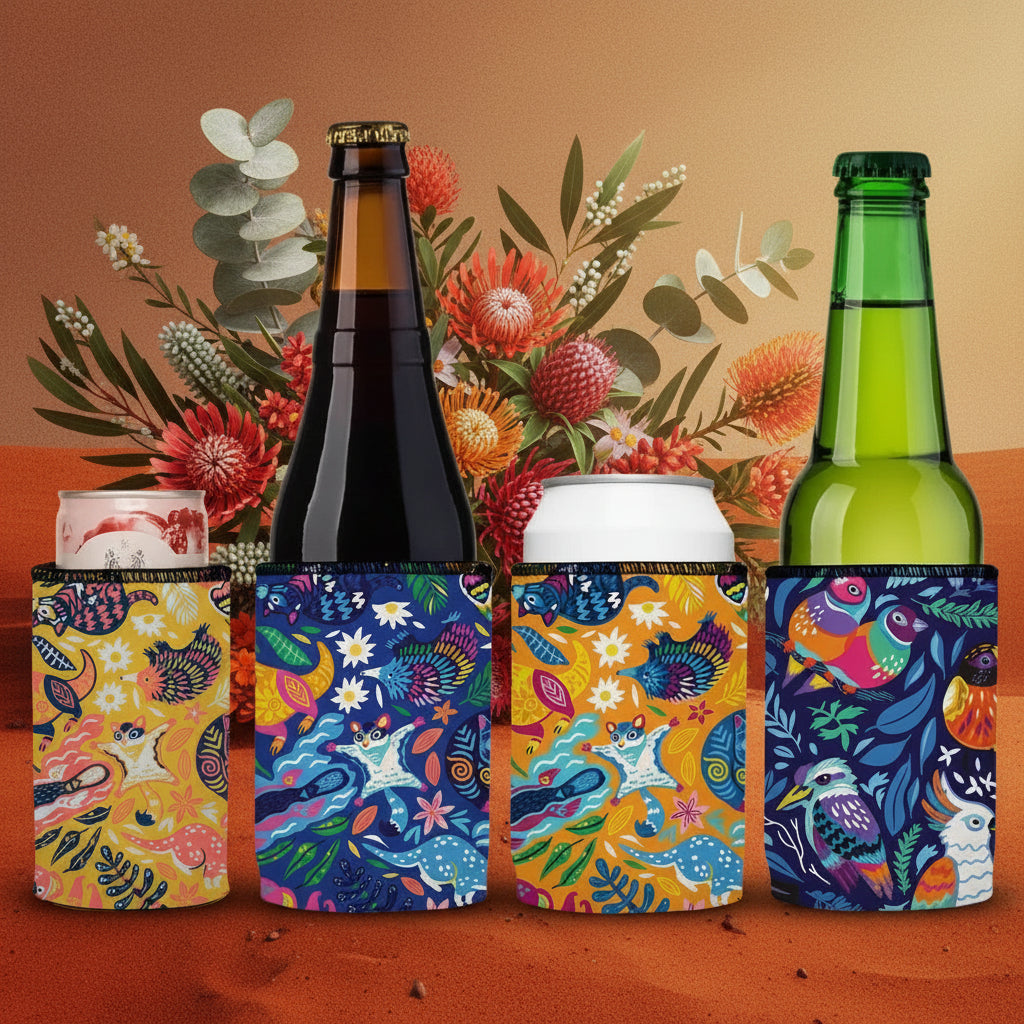 Colorful patterned bottle and can coolers on various bottles and cans against a white background.