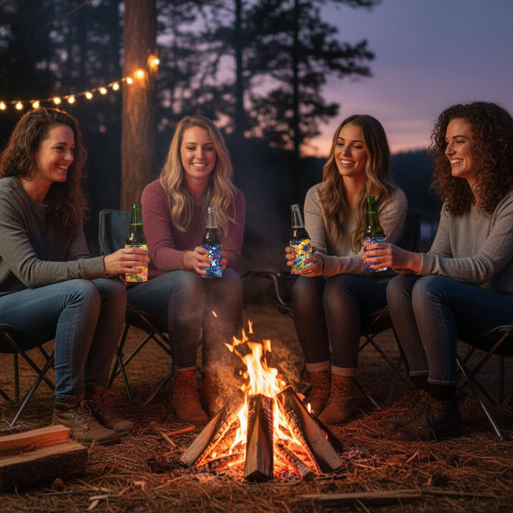 Colorful patterned bottle and can coolers on various bottles and cans against a white background.