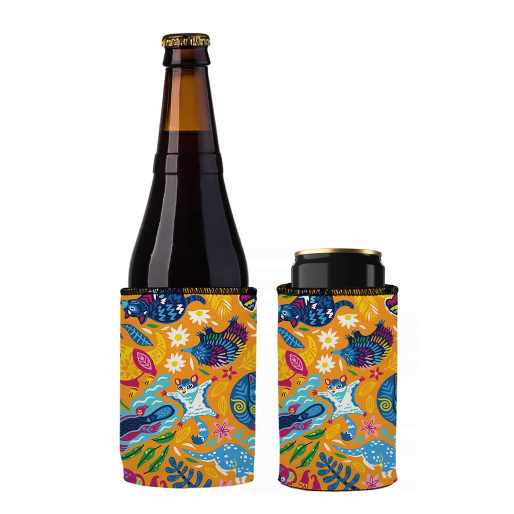 Bottle and can with colorful cat-themed koozies on a white background