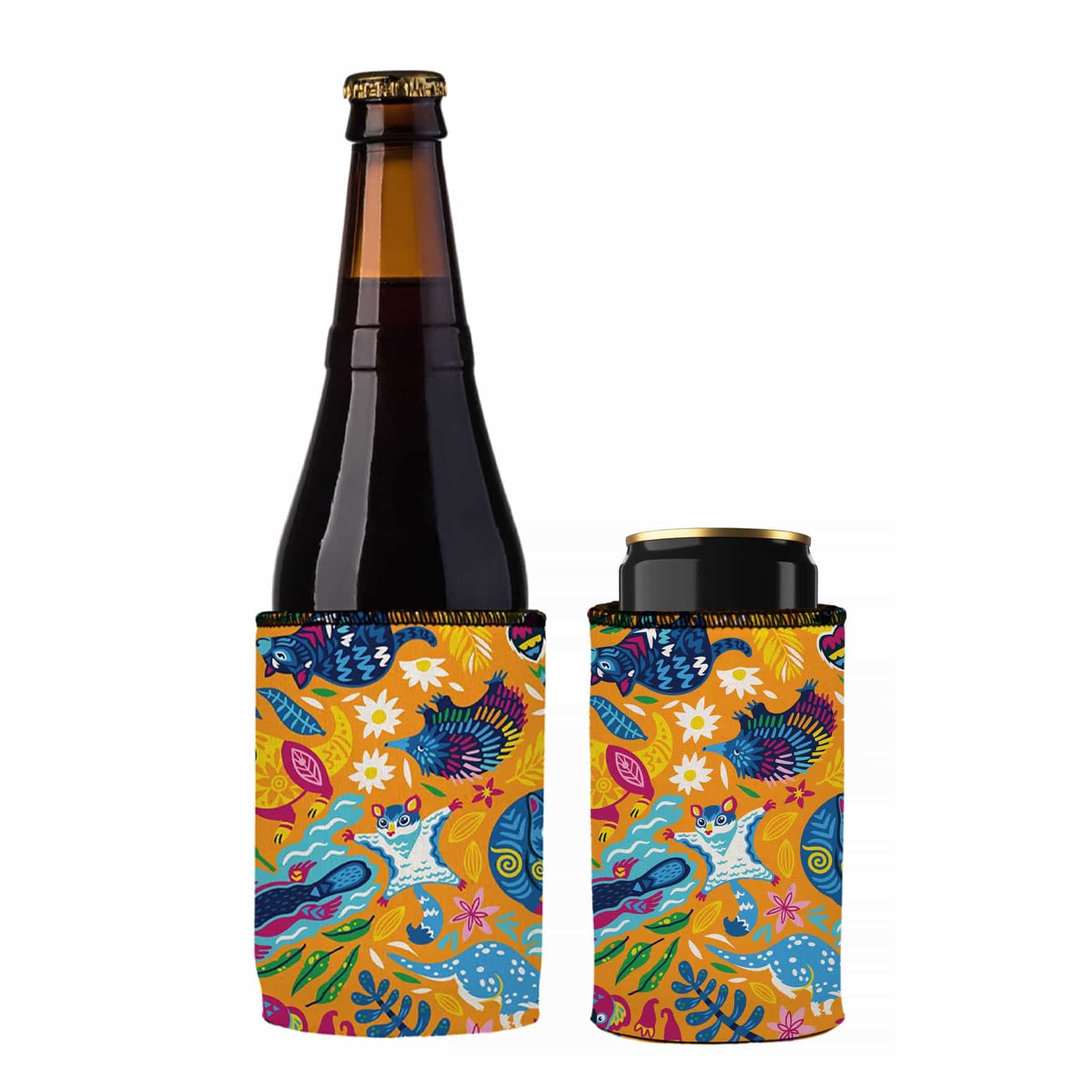 Bottle and can with colorful cat-themed koozies on a white background