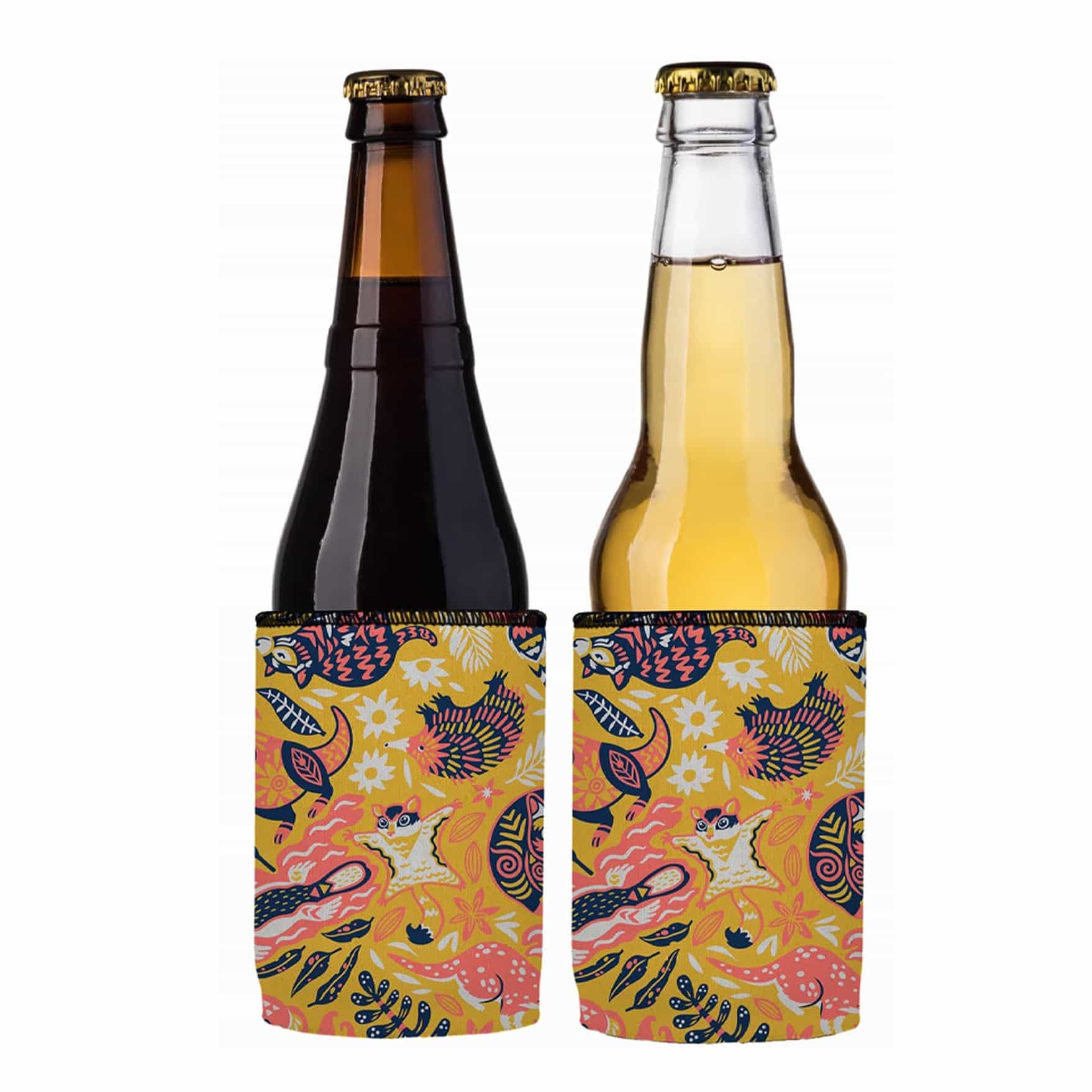 Two bottles with colorful patterned can coolers on a white background