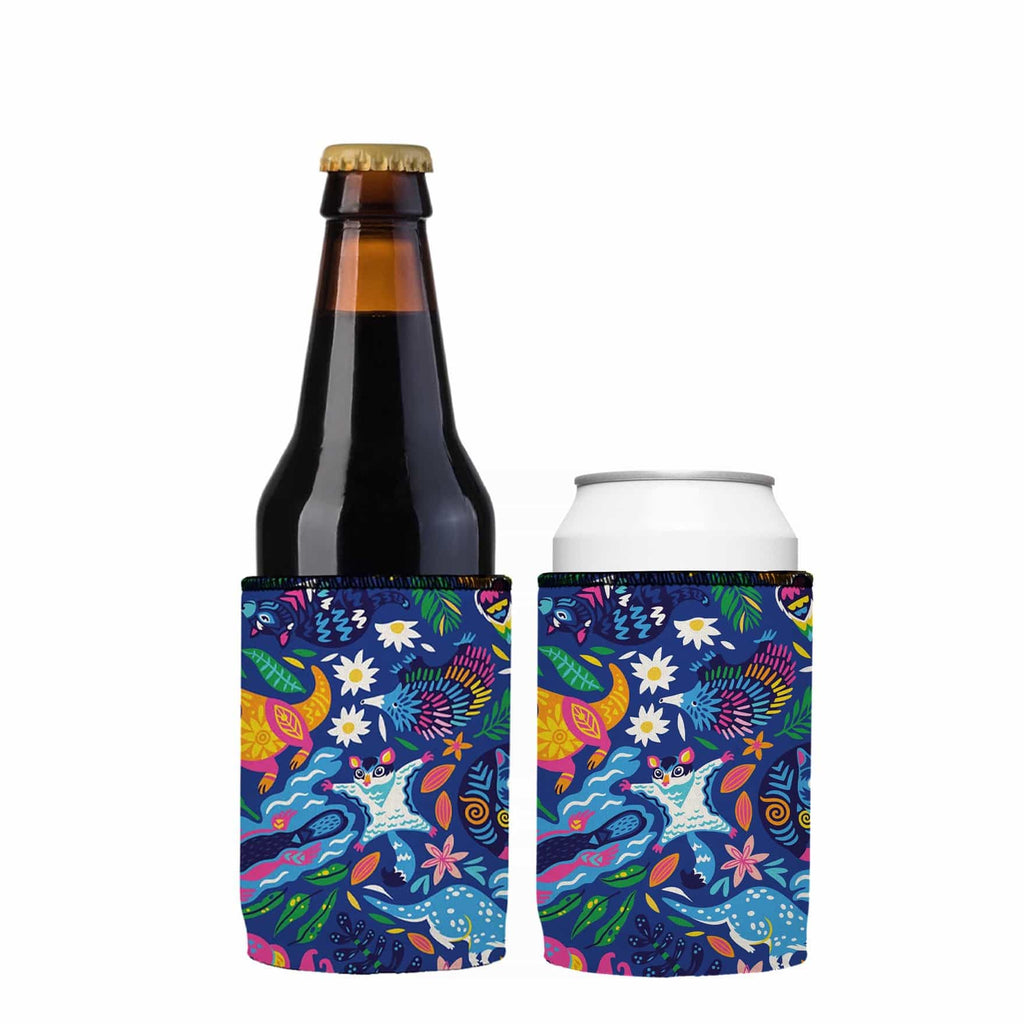 Two colorful beer coolers with a bottle and can on a white background