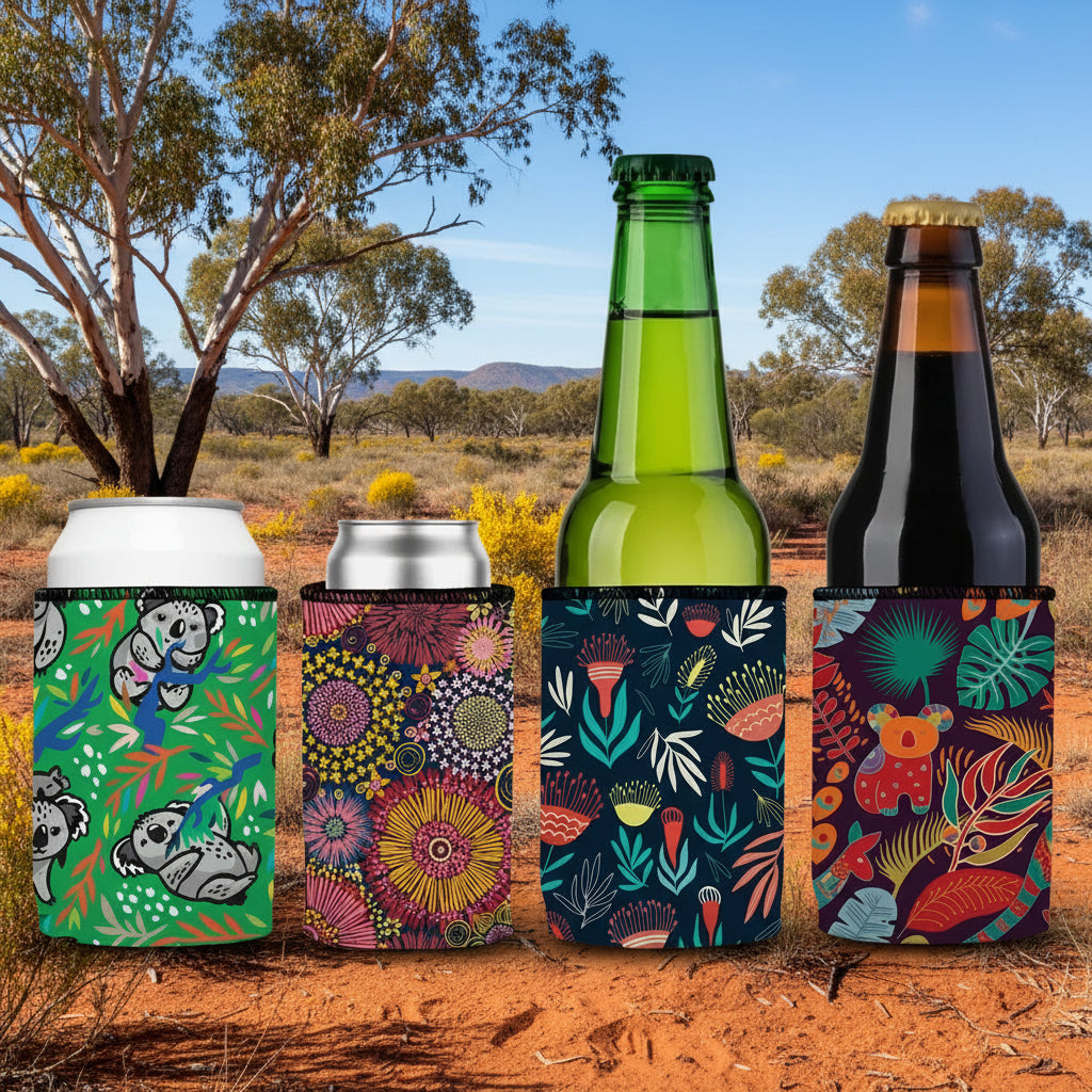 Colorful patterned can and bottle coolers with bottles on a white background