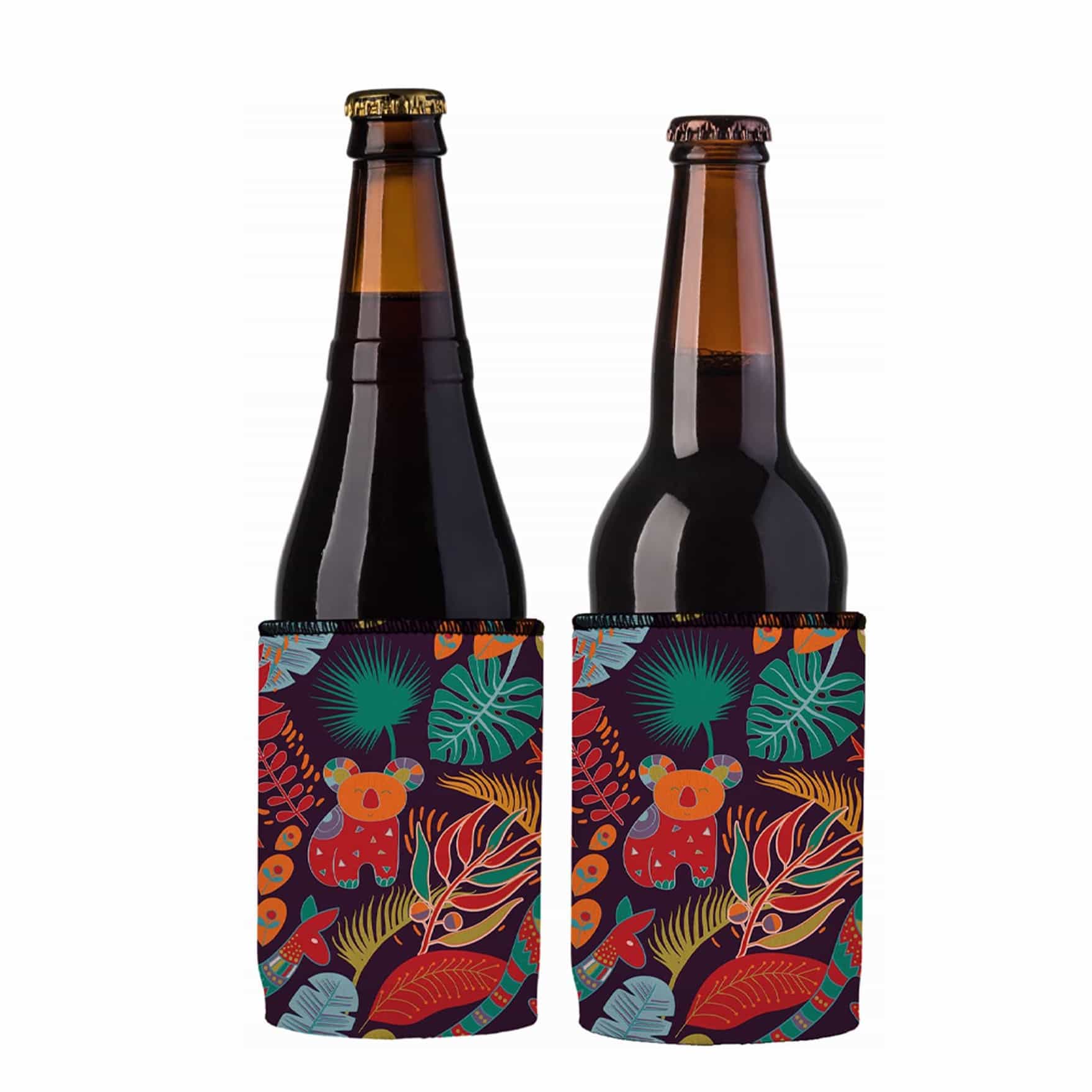 Two bottles with colorful floral and bear design bottle coolers on a white background