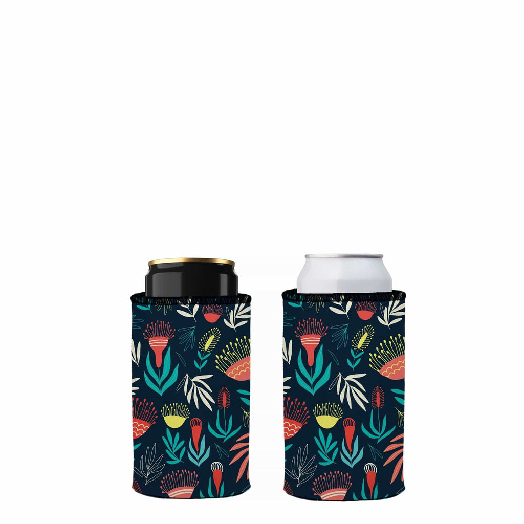 Two floral-patterned can coolers on a white background