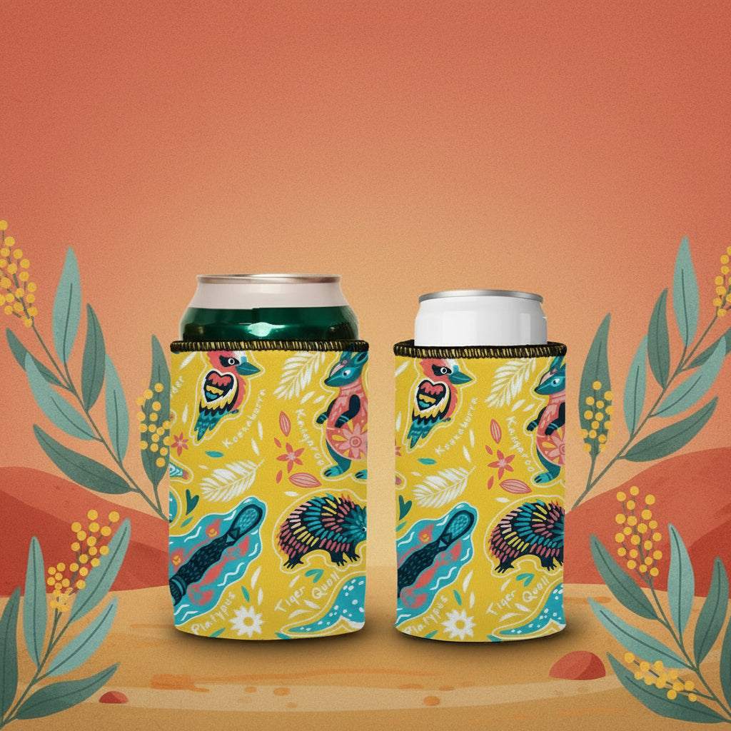 Two can coolers with colorful designs on a white background