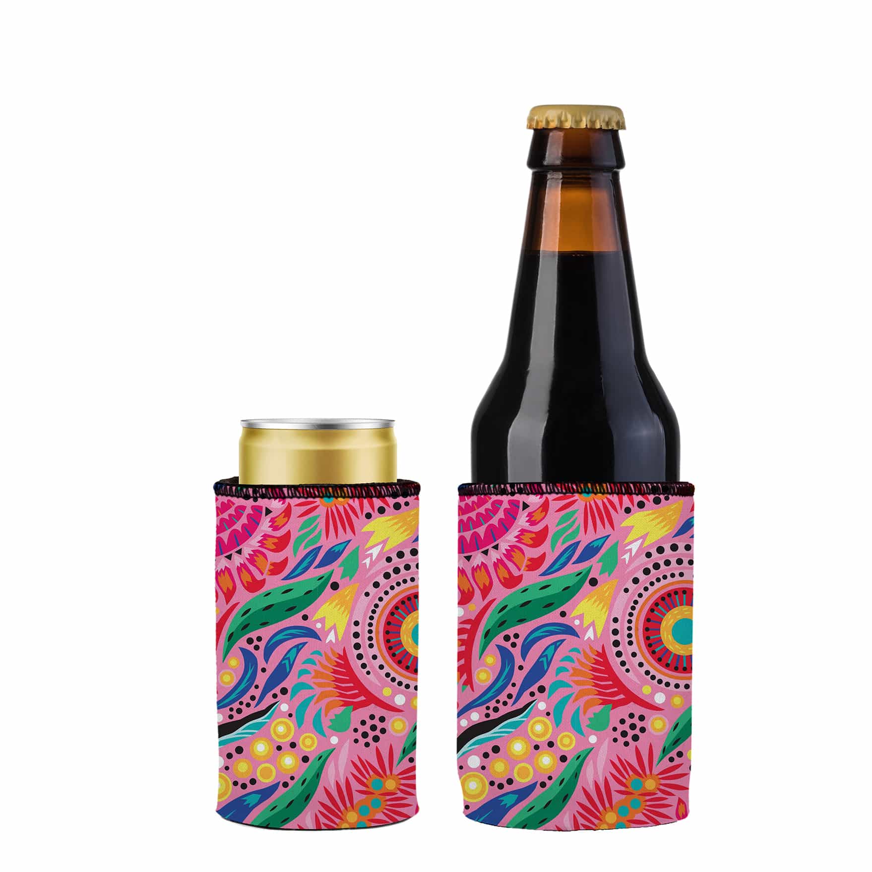 Two colorful bottle coolers with a bottle and can on a white background