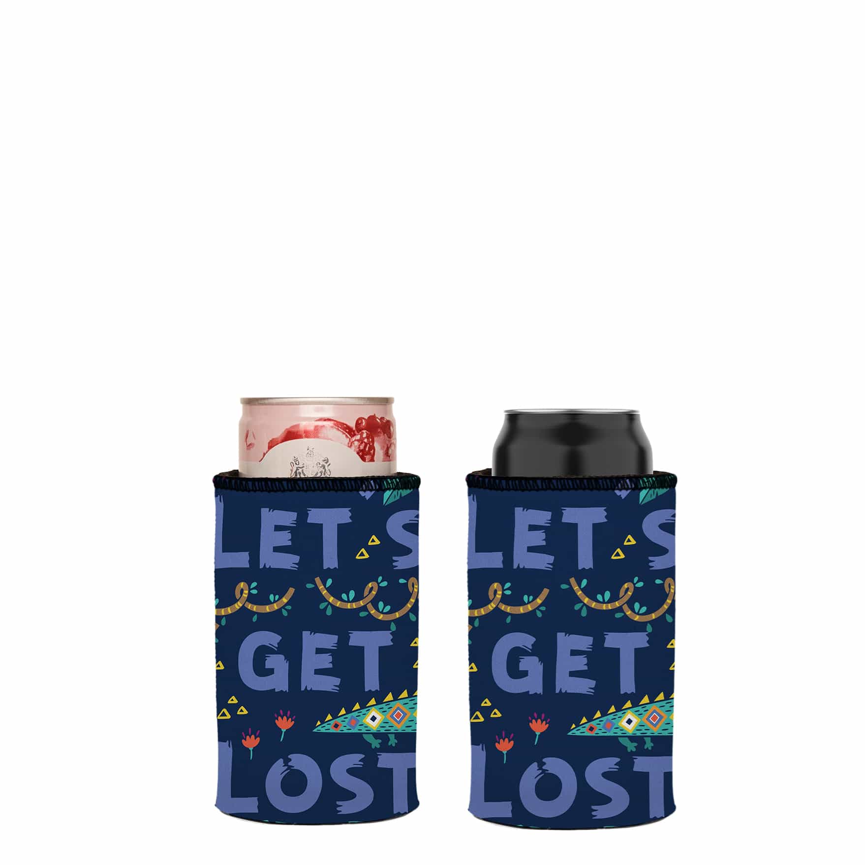 Two can coolers with 'Let's Get Lost' text on a white background