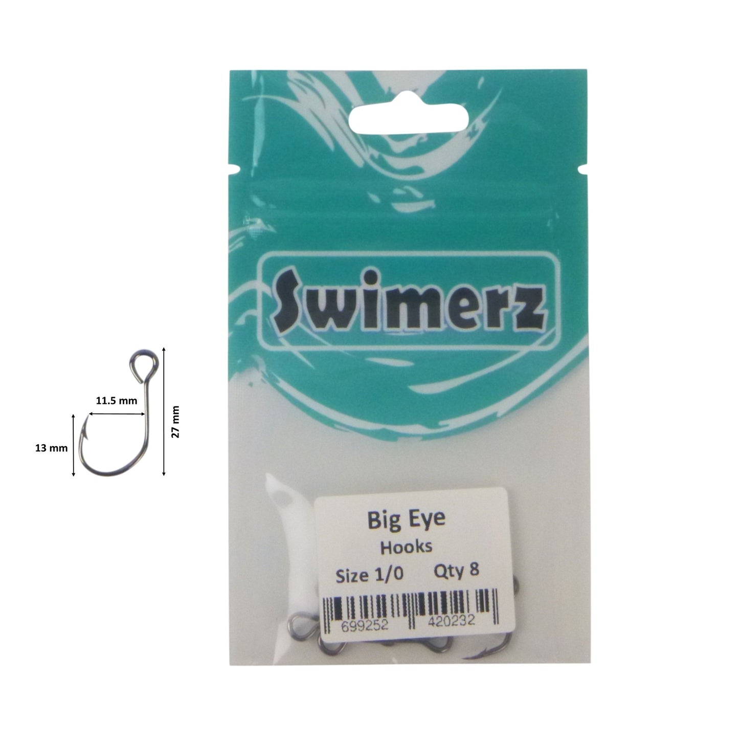 Swimerz Big Eye Inline Lure Hooks, Size 1/0, 8 Pack