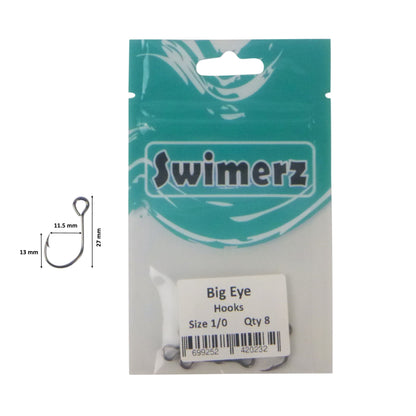 Swimerz Big Eye Inline Lure Hooks, Size 1/0, 8 Pack