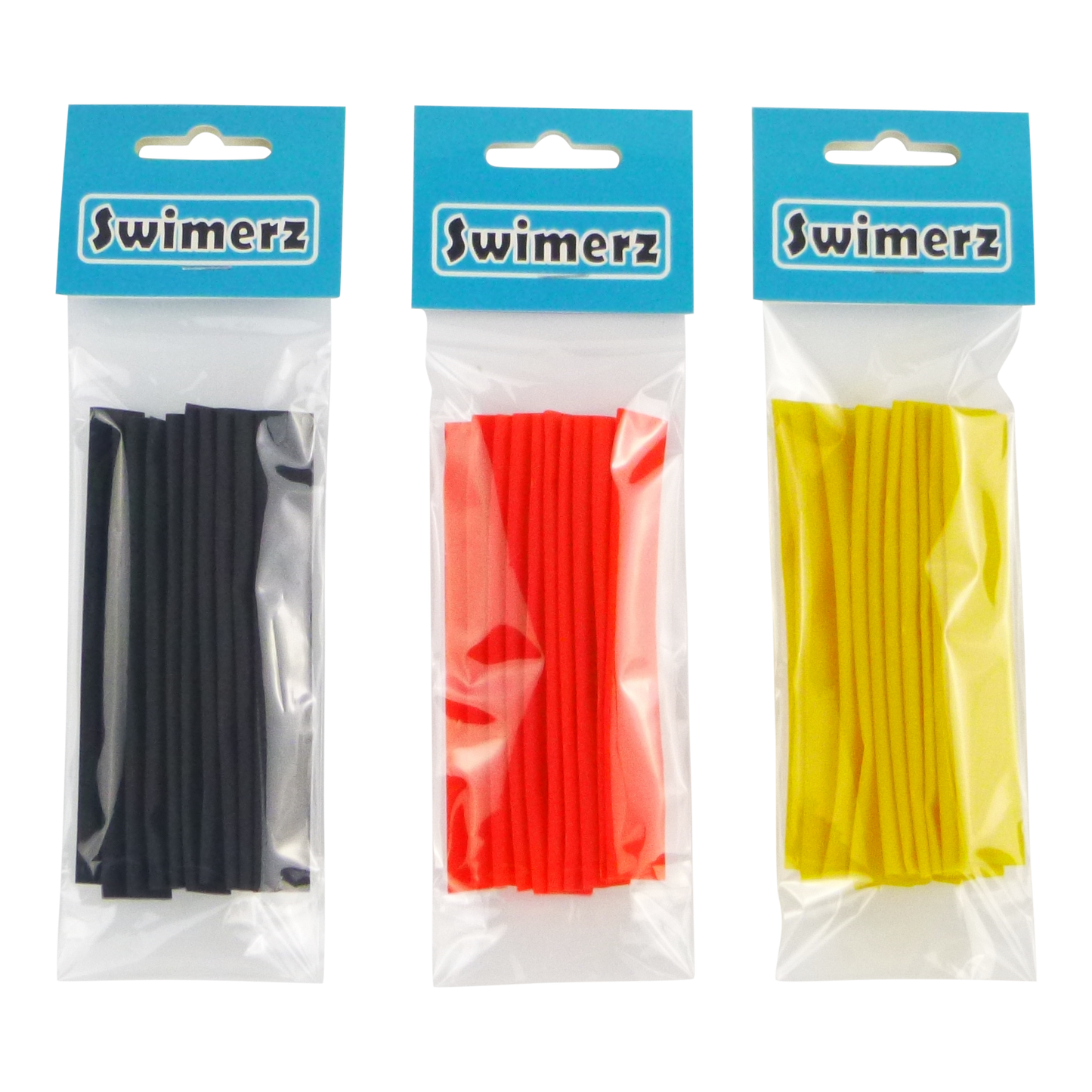 Swimerz Assist Hook Sleeves, 8/10mm Shrink Tube, Black, Yellow & Red, 100mm. Qty 30.