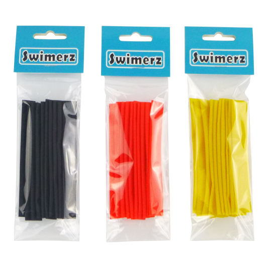 Swimerz Assist Hook Sleeves, 8/10mm Shrink Tube, Black, Yellow & Red, 100mm. Qty 30.