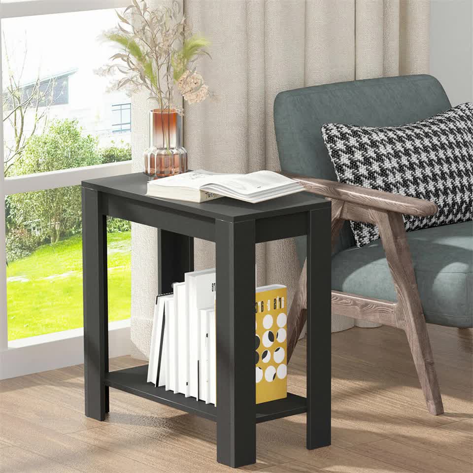 Rustic 2Tiers Side Table Open Accent Table Bedside Storage Slim Coffee End Table