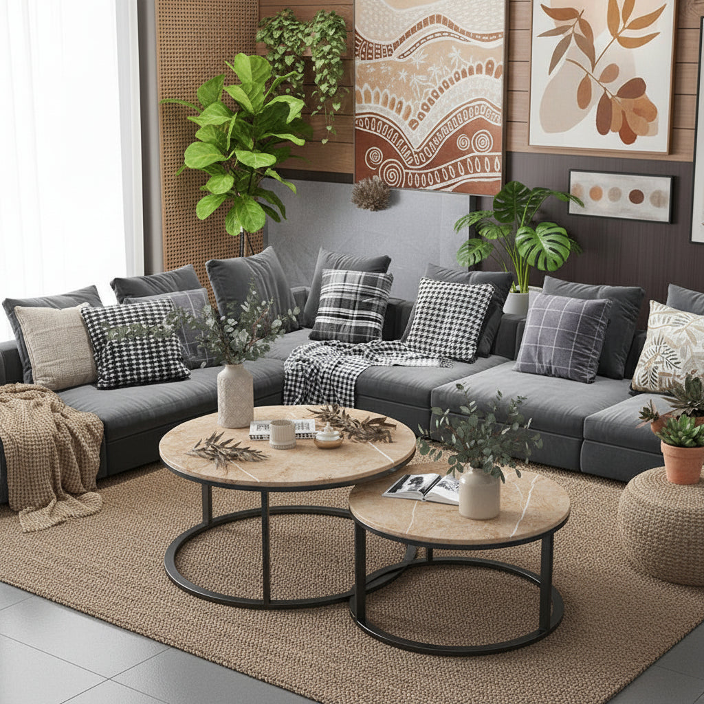 Sintered Stone Nesting Tables Set of 2 - Round Grey Black 80cm/60cm