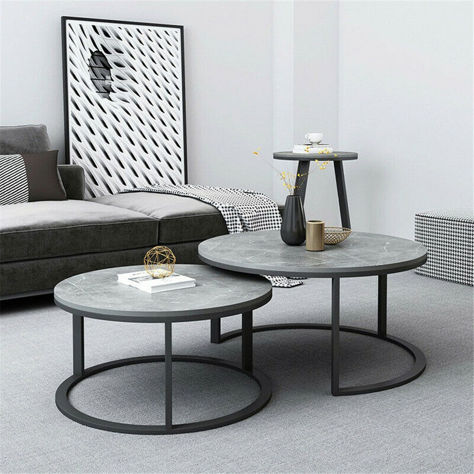 Sintered Stone Nesting Tables Set of 2 - Round Grey Black 80cm/60cm