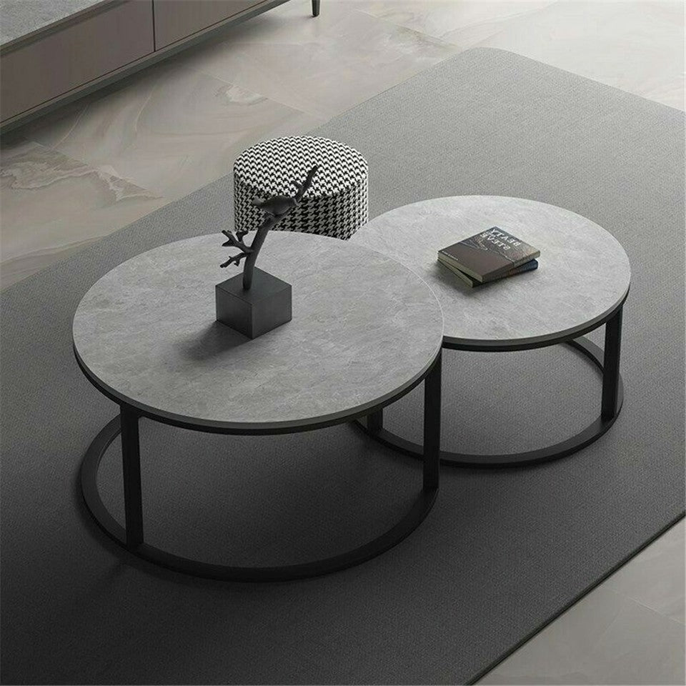Sintered Stone Nesting Tables Set of 2 - Round Grey Black 80cm/60cm