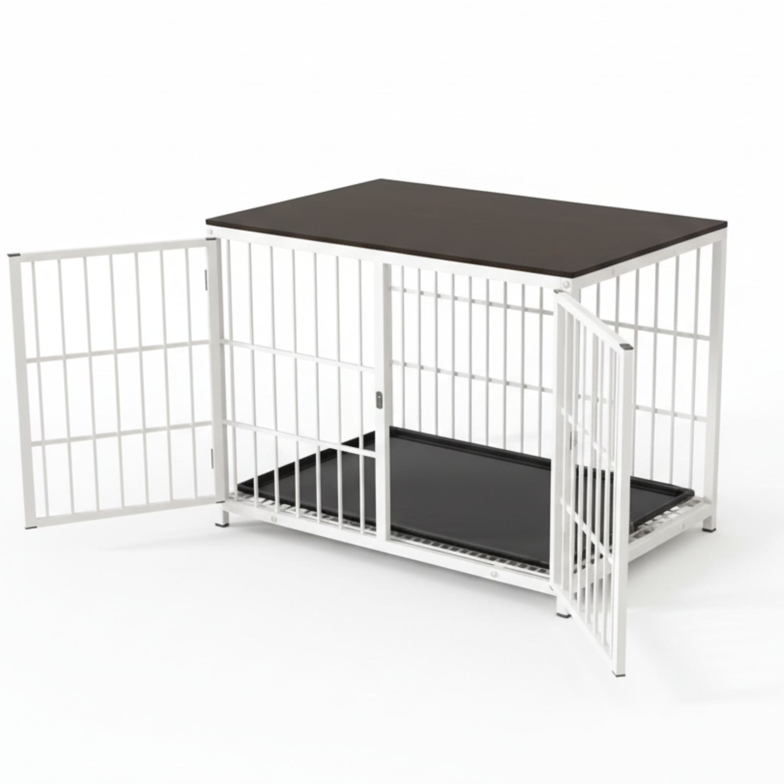 P&P White Walnut Wooden Dog Crate with 3 Doors, Tray and Stylish Furniture End Table