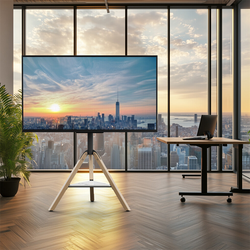 FIN 32-75 Inch Swivel Tripod TV Stand Stable Wooden Legs TV Mount with Marble Shelf