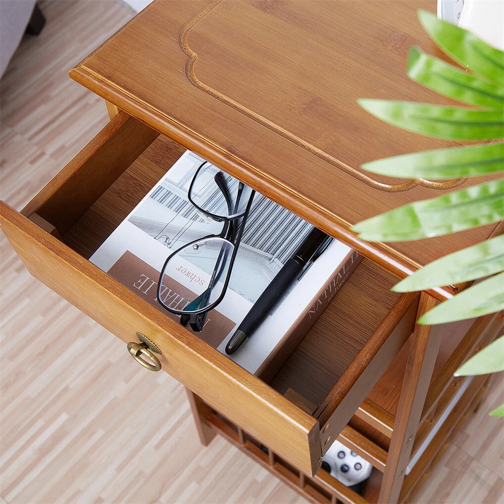 P&P Bamboo Bedside Table Nightstand Smooth Storage Side End Table with Drawers for Small Spaces