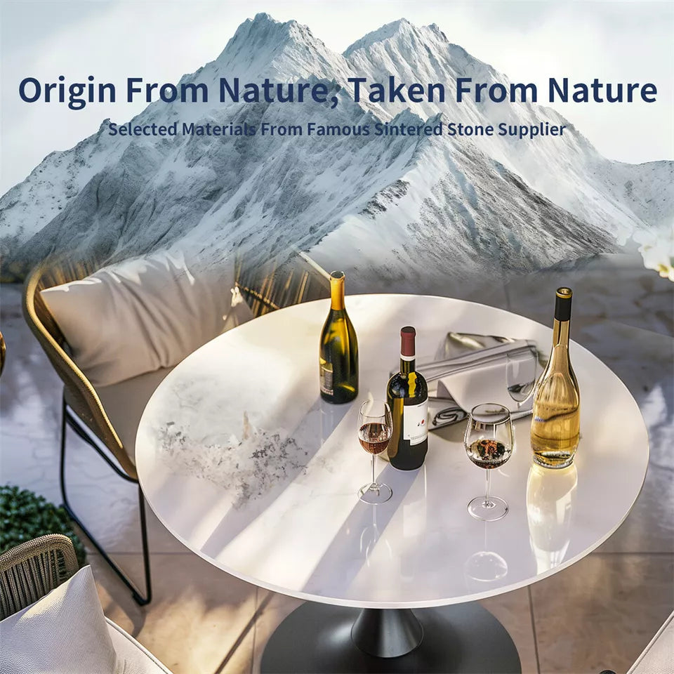 P&P Glossy Jade Round Sintered Stone Bar Table With Black Base For Stylish Interiors