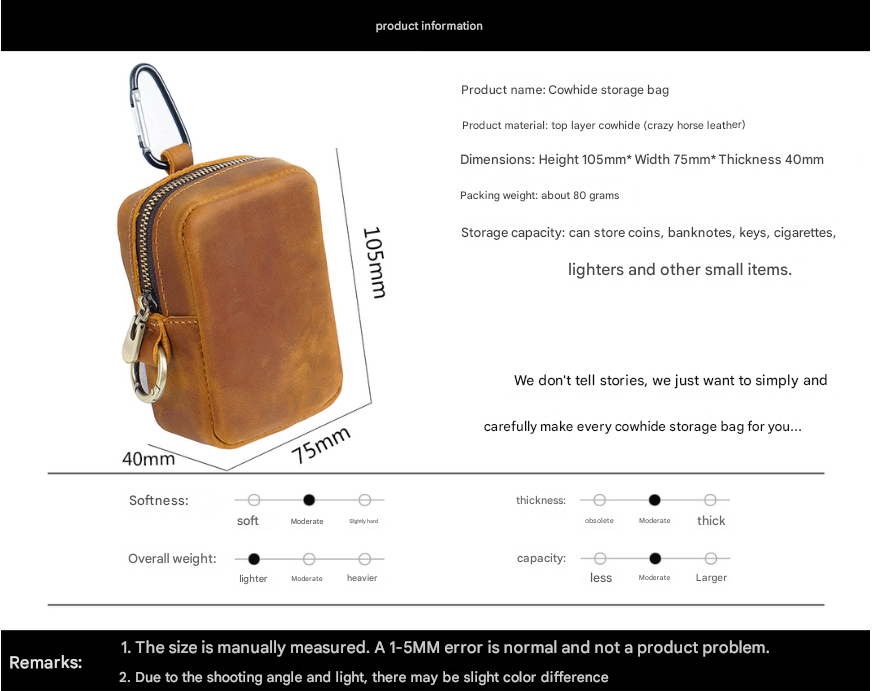 Coffee Genuine Leather Belt Pouch - Mini Waist Bag with Zipper and Carabiner