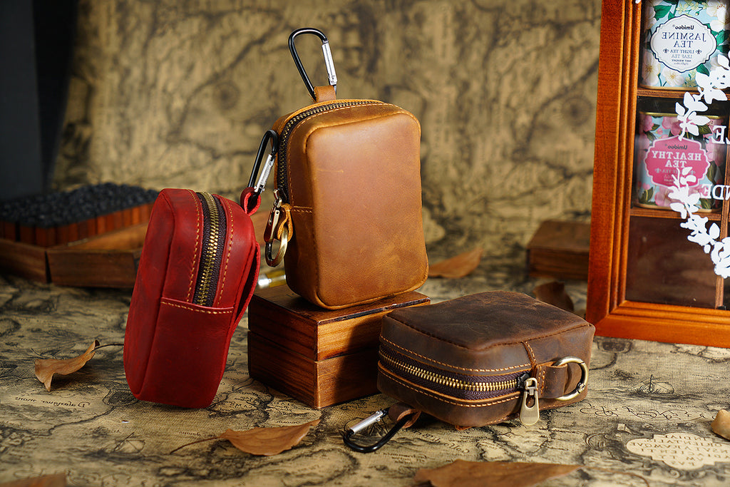 Coffee Genuine Leather Belt Pouch - Mini Waist Bag with Zipper and Carabiner