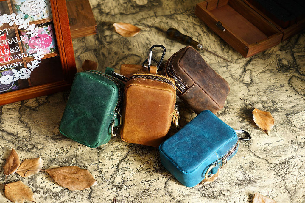 Coffee Genuine Leather Belt Pouch - Mini Waist Bag with Zipper and Carabiner