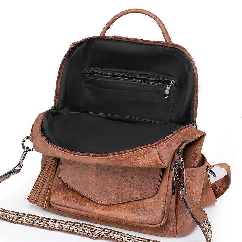 Coffee Rough Grain Fashionable Women's Backpack Set - With Coin Purse and Tassels