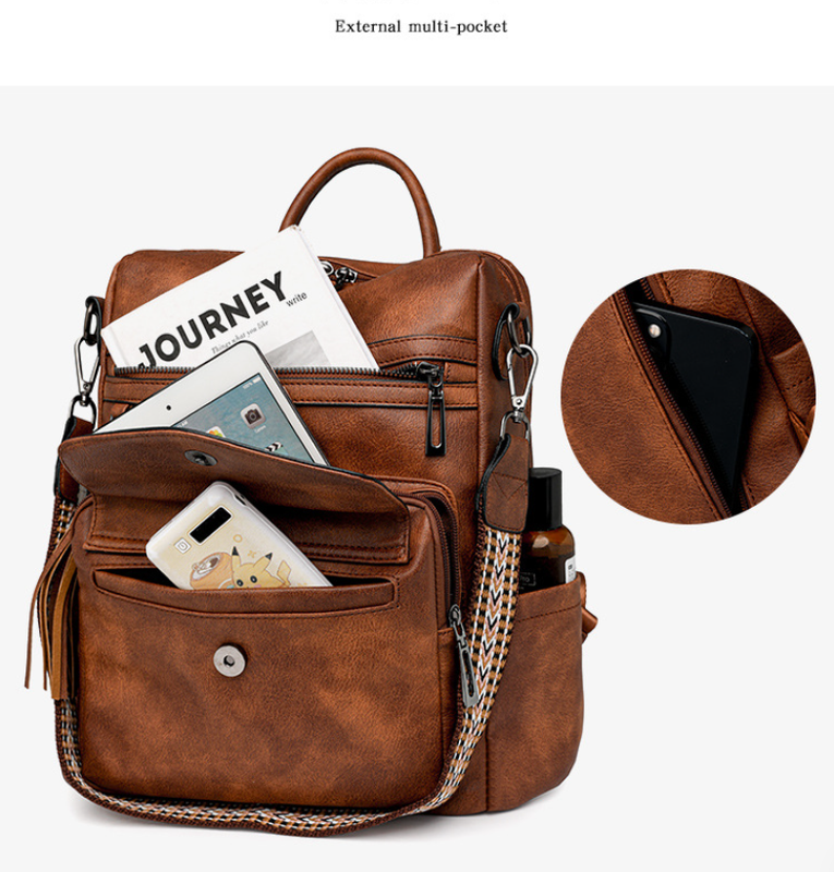 Coffee Rough Grain Fashionable Women's Backpack Set - With Coin Purse and Tassels