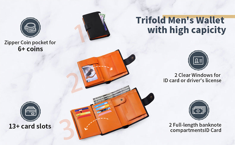 Coffee Men's Short Leather Wallet with RFID Protection - Genuine Cowhide Cardholder with Coin Pocket