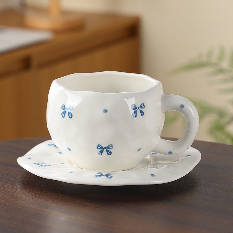 Hand-Painted Ceramic Coffee Cup and Saucer Set - Vintage Afternoon Tea(Blue bow)