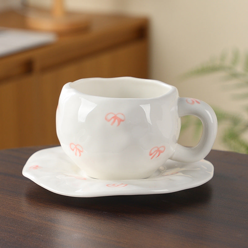 Hand-Painted Ceramic Coffee Cup and Saucer Set - Vintage Afternoon Tea(Pink bow)