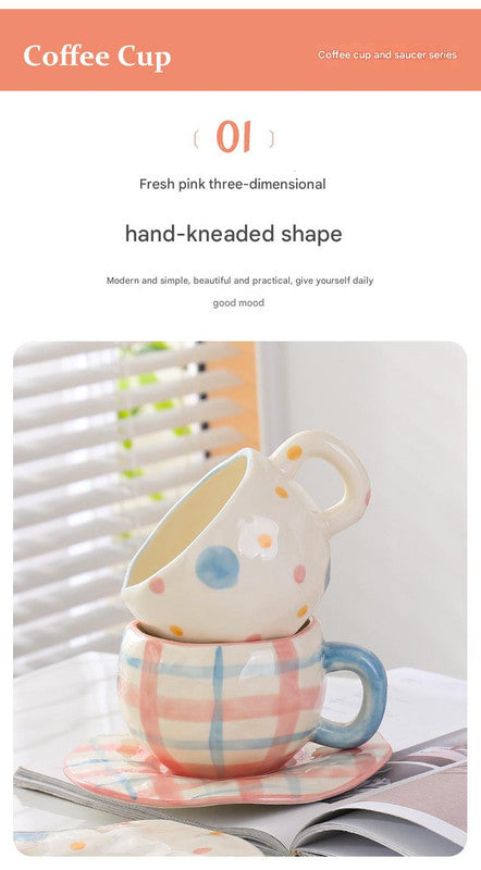 Hand-Painted Ceramic Coffee Cup and Saucer Set - Vintage Afternoon Tea(Pink bow)