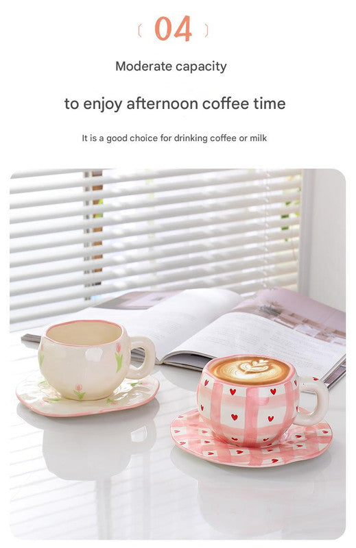 Hand-Painted Ceramic Coffee Cup and Saucer Set - Vintage Afternoon Tea(Pink bow)