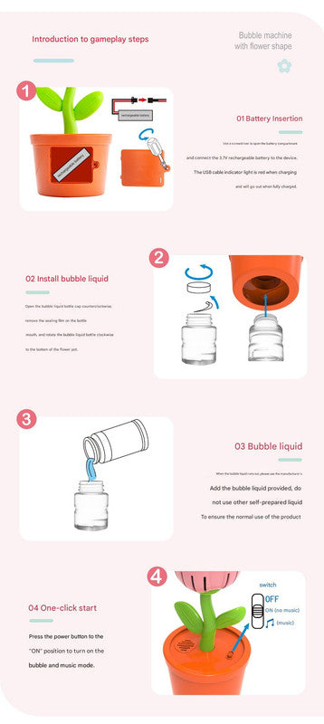 Electric Flower Bubble Machine with Music - Rechargeable, 10-Hole Output(Red)