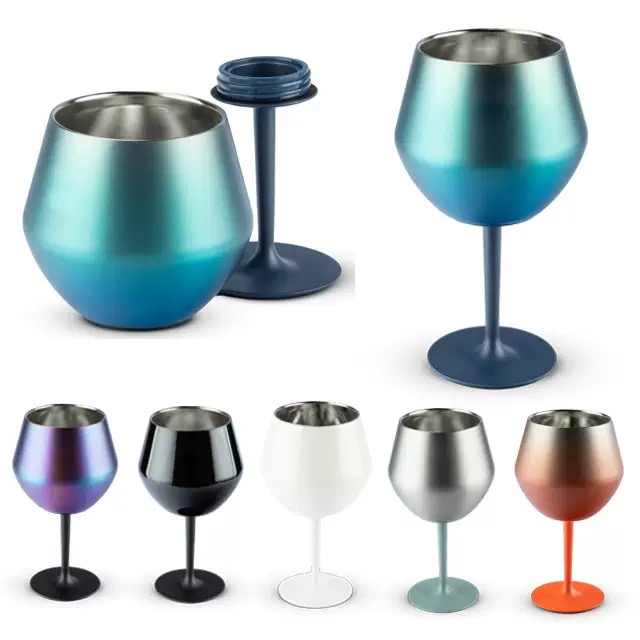 2 Pcs Black Detachable Stainless Steel Wine Glass - 14oz (420ml) Portable Stemmed Goblet for Outdoors & Travel