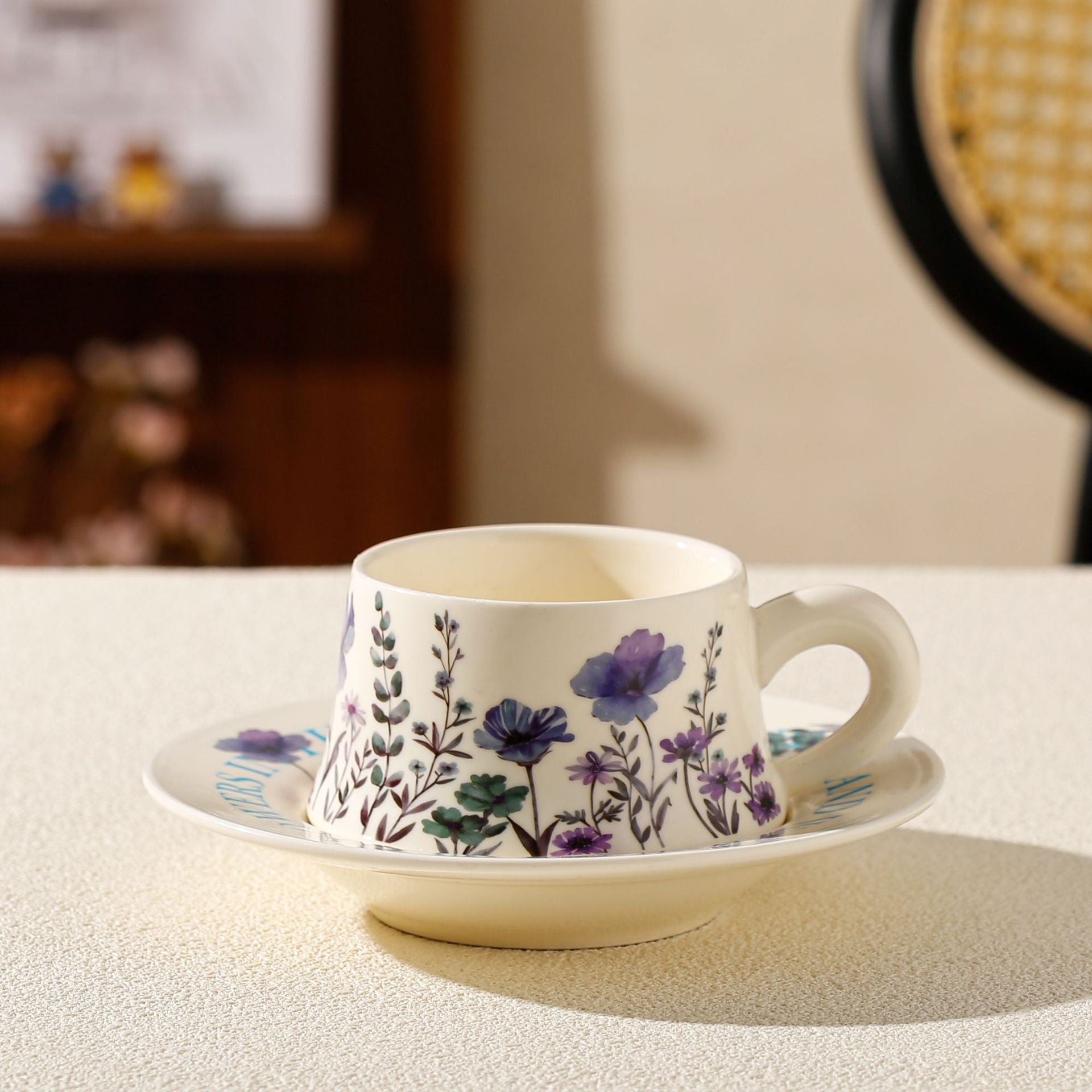 Vintage Floral Ceramic Coffee Cup & Saucer Set(White disc - purple flowers)