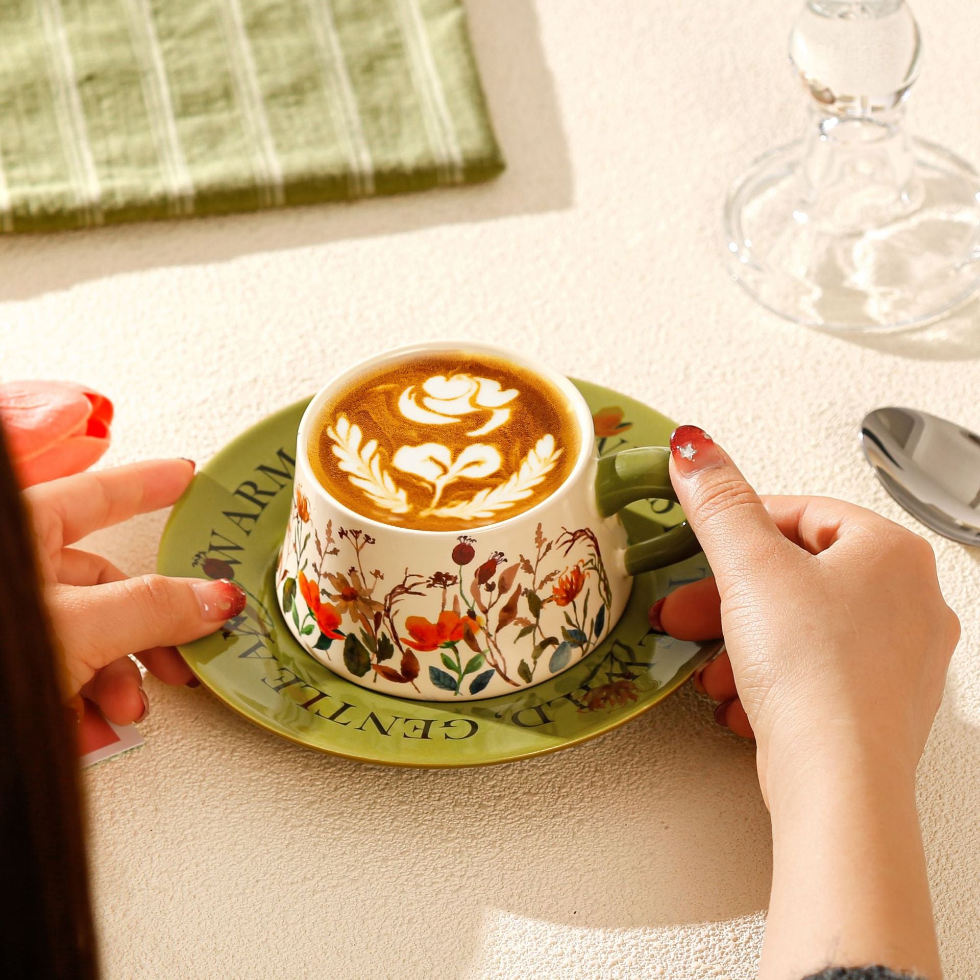 Vintage Floral Ceramic Coffee Cup & Saucer Set(White disc - purple flowers)
