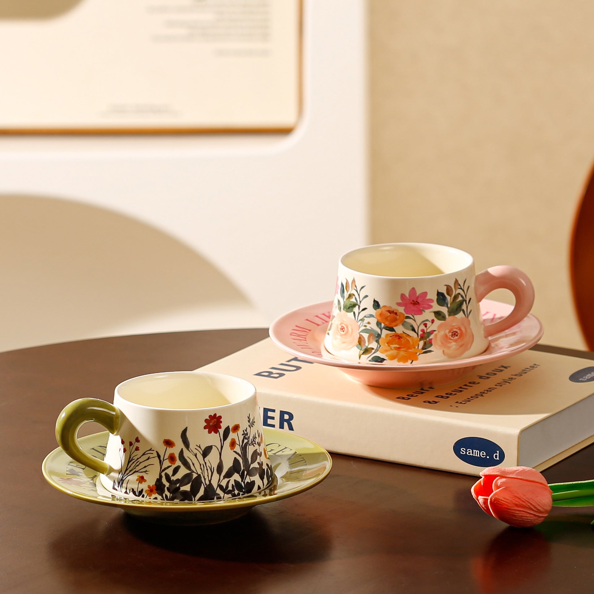 Vintage Floral Ceramic Coffee Cup & Saucer Set(White disc - colorful flowers)