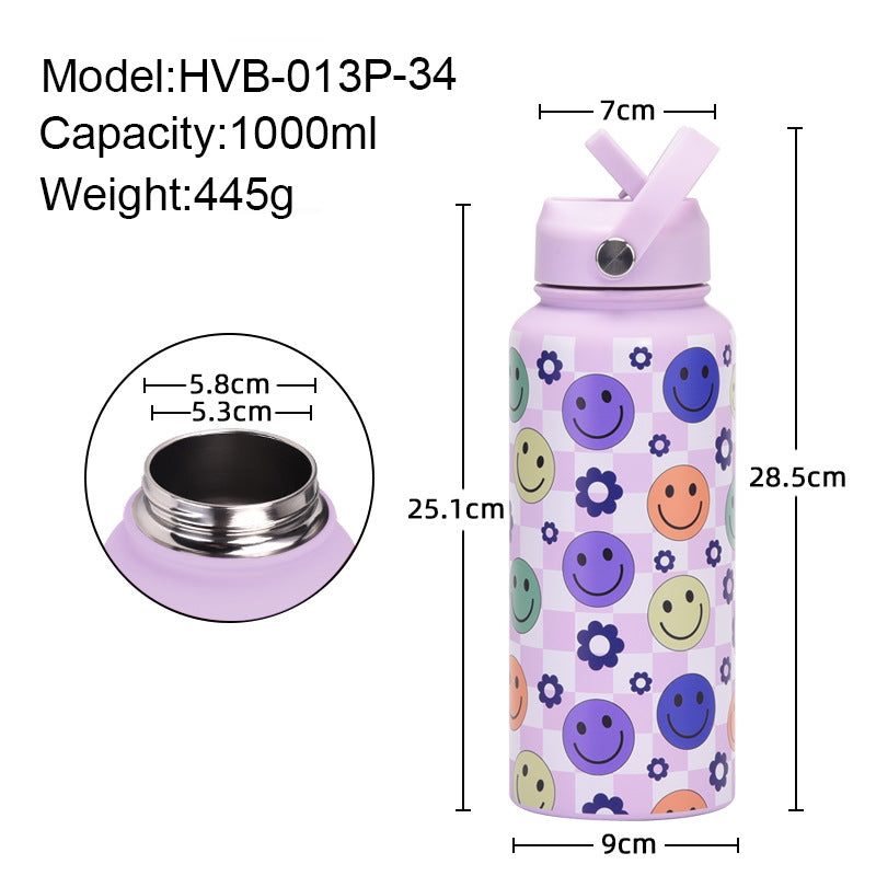 Style 27A Purple Smiley Face Pattern Vibrant Fun Print 1L Stainless Steel Insulated Water Bottle - 32oz Large Capacity with Straw Lid & Carry Handle - BPA-Free