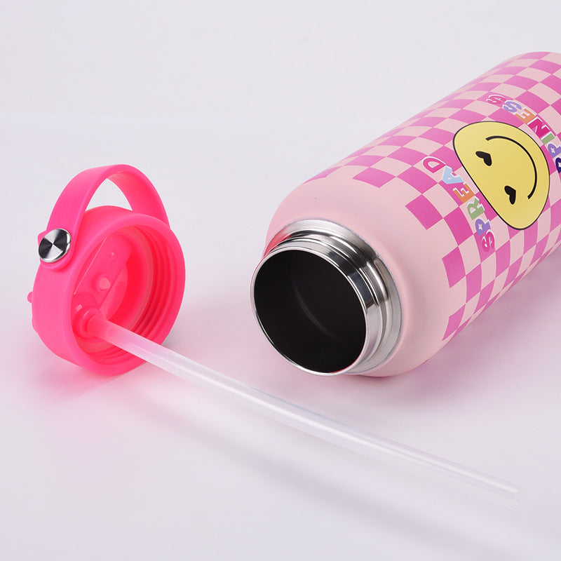 Style 27A Purple Smiley Face Pattern Vibrant Fun Print 1L Stainless Steel Insulated Water Bottle - 32oz Large Capacity with Straw Lid & Carry Handle - BPA-Free