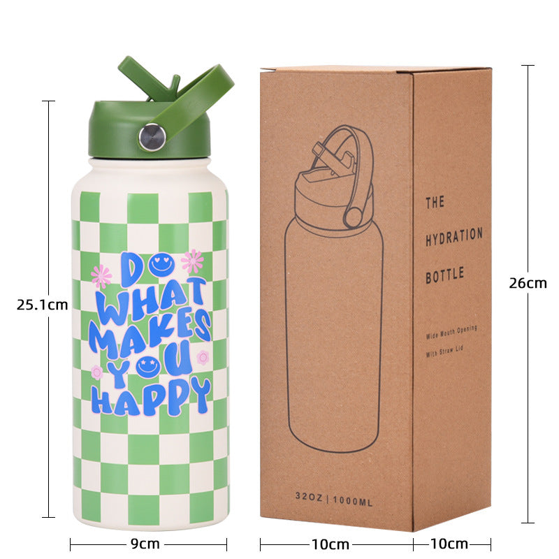 Style 23J Green and White Plaid Vibrant Fun Print 1L Stainless Steel Insulated Water Bottle - 32oz Large Capacity with Straw Lid & Carry Handle - BPA-Free