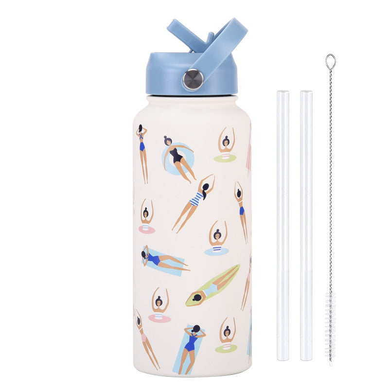Style 23C White and Blue Vibrant Fun Print 1L Stainless Steel Insulated Water Bottle - 32oz Large Capacity with Straw Lid & Carry Handle - BPA-Free