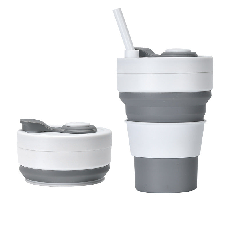 2 Pcs White and Grey 350ml Collapsible Silicone Travel Cup - Portable, Leak-Proof & Food-Grade Drinking Mug with Lid, Insulating Sleeve & Straw
