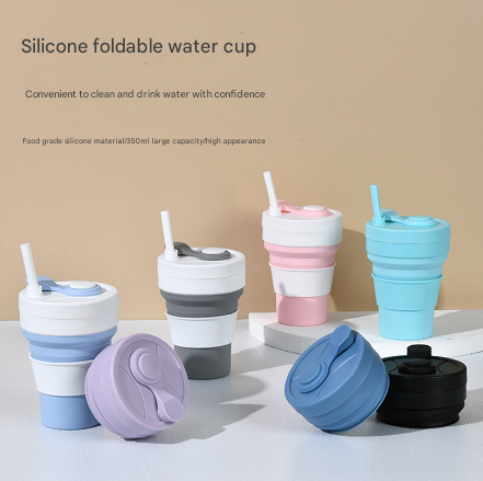 2 Pcs White and Grey 350ml Collapsible Silicone Travel Cup - Portable, Leak-Proof & Food-Grade Drinking Mug with Lid, Insulating Sleeve & Straw