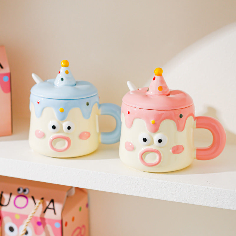 Pink Adorable Cartoon Character Ceramic Mug Set - 420ml with Fun Cake Design Lid & Matching Spoon - Perfect Gift